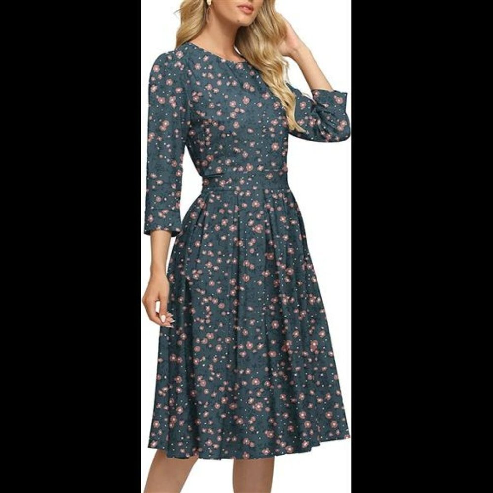 Women's Floral Vintage Dress Elegant Midi Evening Dress 3/4 Sleeves